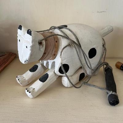 Folk art black and white cat marionette puppet, wood and tempura