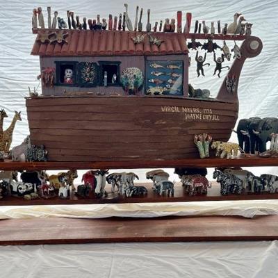 Folk Art Noah’s Ark by Virgil Myers, dated 1995—all handmade with 97 pairs of animals, including kangaroos, crickets, ladybugs,...