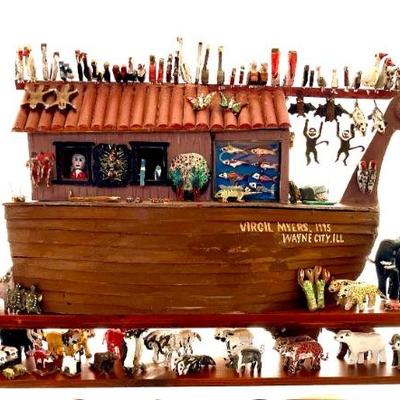 Folk Art Noah’s Ark by Virgil Myers, dated 1995—all handmade with 97 pairs of animals, including kangaroos, crickets, ladybugs,...