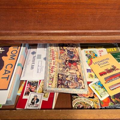 loads of art supplies, found objects, tools, etc