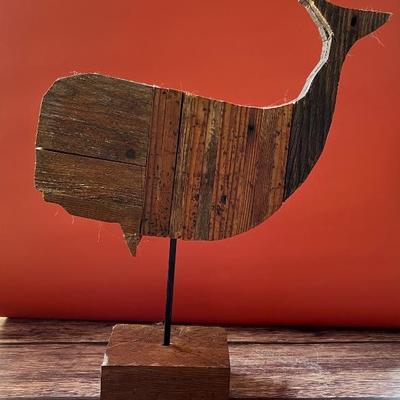 A whale sculpture made of reclaimed wood by Stuart Novy, folk art, outsider art