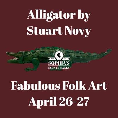 Folk art, outsider art alligator sculpture by Stuart Nova, wood and tempura, 5’ long
