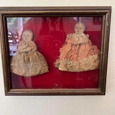 Stuart Novy shadow box of antique engravings and antique doll clothes