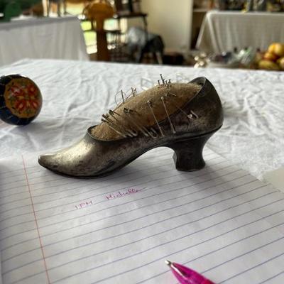 antique silver plate pin cushion shaped like a shoe