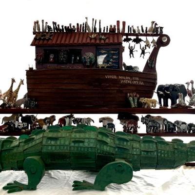 Folk art, outsider art alligator sculpture by Stuart Novy, wood and tempura, 5’ long