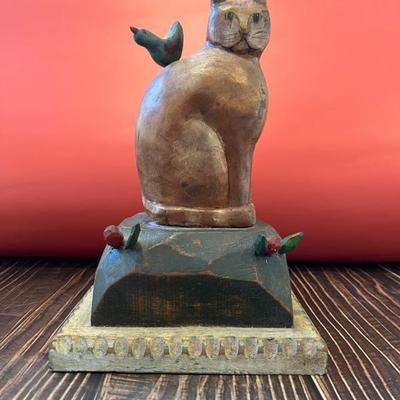 Cat with Birds, hand carved wooden folk art sculpture, Tom Kelly 1984
