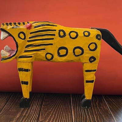 Folk art, outsider art leopard sculpture by Stuart Novy, wood, plaster and tempura