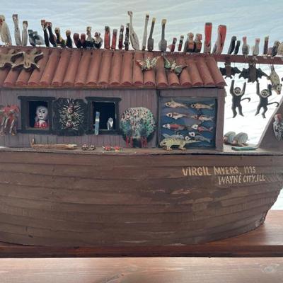 Folk Art Noah’s Ark by Virgil Myers, dated 1995—all handmade with 97 pairs of animals, including kangaroos, crickets, ladybugs,...