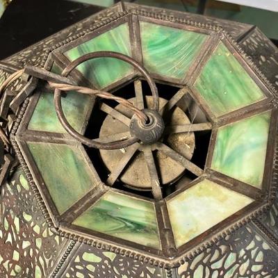 antique Bradley and Hubbard style slag glass pendant light with beautiful bronze overlay and green slag glass, no cracks