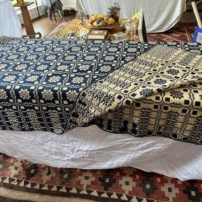 19th century American open weave coverlet in blue and white
