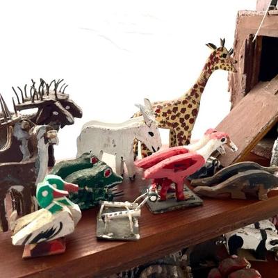 Folk Art Noah’s Ark by Virgil Myers, dated 1995—all handmade with 97 pairs of animals, including kangaroos, crickets, ladybugs,...