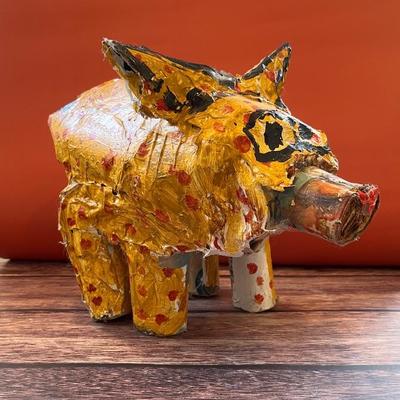 Pig sculpture by Stuart Novy, cardboard, plaster, papier mache and paint, folk art, outsider art