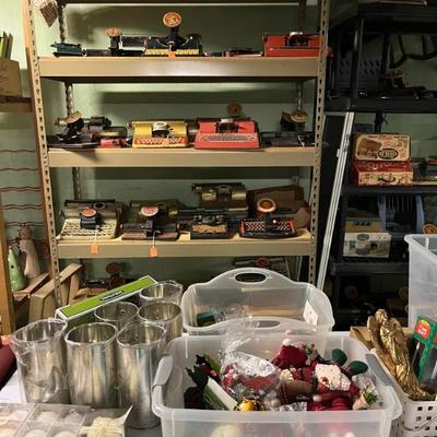 Loads of basement stuff—tools, art supplies, vintage Christmas, holiday decor, vintage tin toys, paper goods, filing cabinets, etc