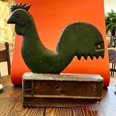 Antique 19th century cast iron windmill counter weight in the shape of a chicken, marked Hummer by Elgin Weights