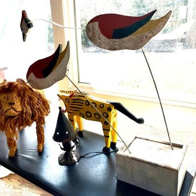 Sandhill Cranes, Lion, folk art sculpture by Stuart Novy, wood, metal and paint