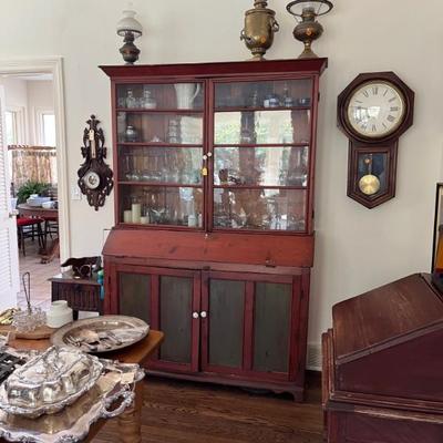 antique painted china cabinet, secretary with original glass and paint, great primitive piece of American furniture