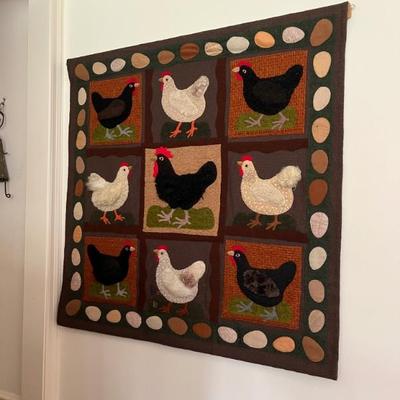 large folk art wall hanging of chickens and eggs, signed