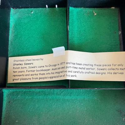 stainless steel jewelry box by Chicago outsider artist Stanley Swzarc, signed and dated, Swzarc was an artist musician and steelworker...