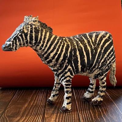 Folk art, outsider art zebra sculpture by Stuart Novy, wood, plaster and tempura