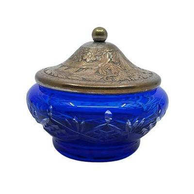 Lot 034   
Cobalt Cut To Crystal Covered Jar