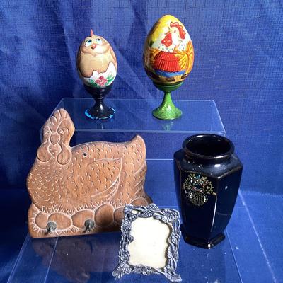 Metzke Pewter  Frame, Wooden Hen Key Holder, Wooden Egg On Stand, And Mini Vase 