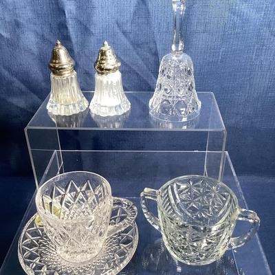 Teleflora Crystal Cup,Saucer, Vintage Glass Sugar Bowl glass salt and pepper shakers