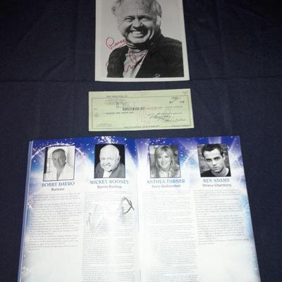 Mickey Rooney autographed photo, program and signed check