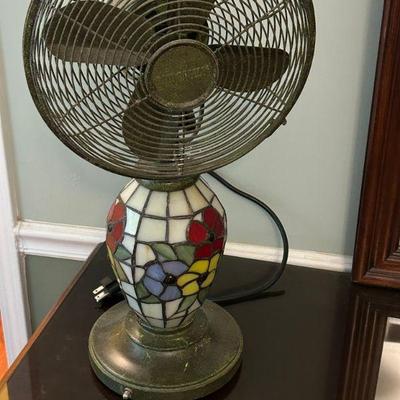 Mosaic Floral Table Fan w/ Stained Glass Vase Base 