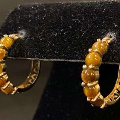 14K Gold Hoop Earrings with Tiger's Eye Stones