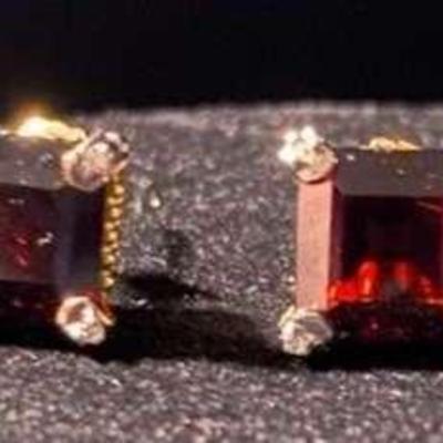10K Gold Garnet Stud Earrings With Accent Diamonds