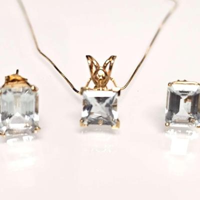 14K Gold and Blue Topaz Necklace & Earrings