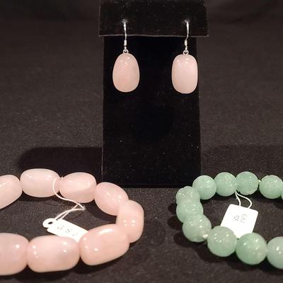.925 Rose Quartz Earring & Bracelet Set With Jadite Bracelet 