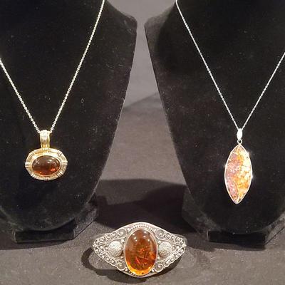 14K Necklace with .925 Amber Bracelet & Multistone Pendant 