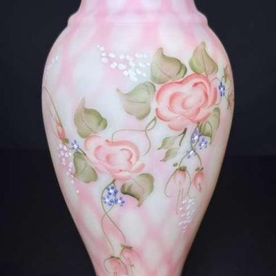 Signed Fenton Hand-Painted Optic Diamond Rose Burmese Ruffled Edge Vase