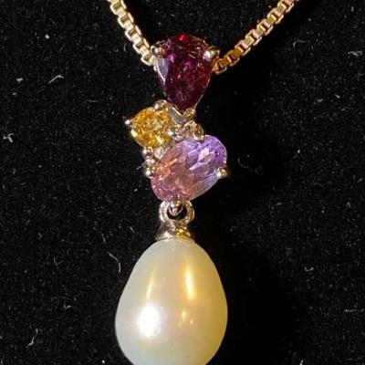 Sterling Silver Necklace With Sterling Silver Pearl Teardrop And Multicolored Gemstone Pendant 