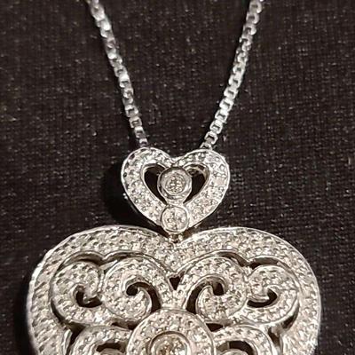 .925 Heart Pendant with Diamonds on Sterling Chain