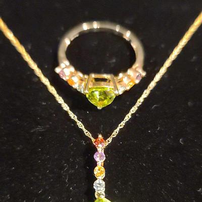 14K Chain With 10K Gemstone Pendant & Ring