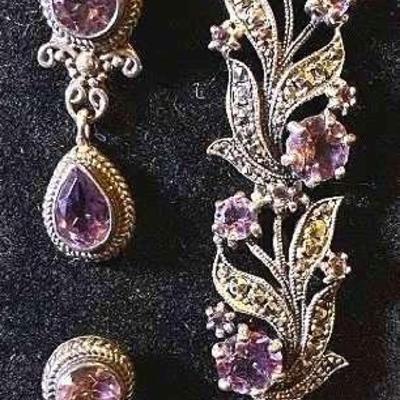Sterling Authentic Amethyst And Marcasite Bracelet & 925 Authentic Amethyst Drop Earrings