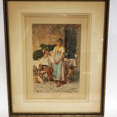 1027	FRAMED AND MATTED WATER COLOR *THE PROPOSAL* SIGNED COLOMBO, APPROXXIMATELY 15 IN X 18 IN OVERALL
