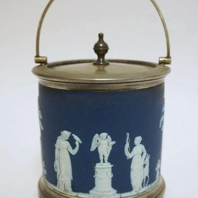 1003	WEDGWOOD BLUE JASPERWARE COVERED BISCUIT JAR, APPROXIMATELY 6 1/2 IN X 6 IN HIGH
