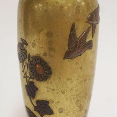 1016	BRASS ASIAN VASE W/APPLIED BIRDS & FLOWERS, CHARACTER MARKS ON BACK, APPROXIMATELY 6 1/2 IN HIGH
