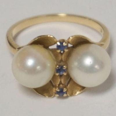 1125	14K LADIES PEARL AND SAPPHIRE LADIES RING, APPROXIMATE SIZE 6, 2.53 DWT NOT INCLUDING STONES

