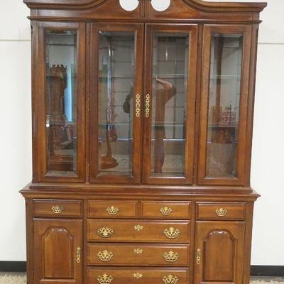 1207	BROYHILL CHERRY 2 PIECE CHINA CABINET WITH BEVELED GLASS DOORS, INTERIOR LIGHTING AND STOP CHAMPHERED SIDES, APPROXIMATELY 60 IN X...