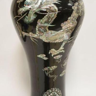 1214	LARGE ASIAN BRASS FLOOR VASE, BLACK ENAMELED W/MOTHER OF PEARL, APPROXIMATELY 27 IN HIGH
