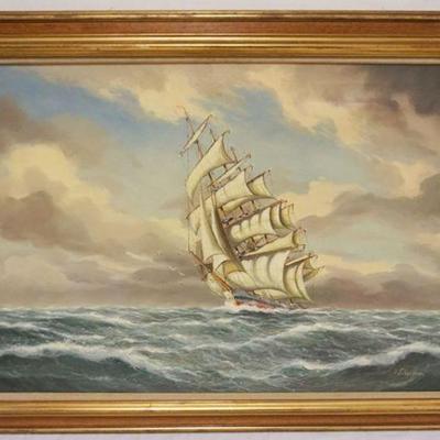 1042	OIL PAINTING ON CANVAS, SCENE DEPICTING SAILING SHIP AT SEA, ARTIST SIGNED JAN SCHAEFFER 1923-2018, APPROXIMATELY 43 IN X 30 IN...