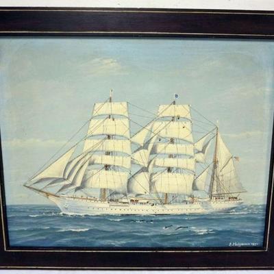 1041	OIL PAINTING ON CANVAS, IMAGE OF SHIP, SIGNED EDWARD HELGALON 1971, APPROXIMATELY 34 IN X 28 IN OVERALL, ON BACK MARKED GERMAN BUILT...