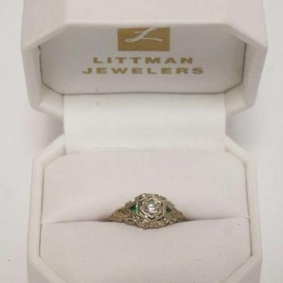 1121	BEAUTIFUL LADIES 18K WHITE GOLD RING WITH GREEN AND DIAMOND STONES, APPROXIMATE SIZE 5 1/2, 1.58 DWT INCLUDING STONES
