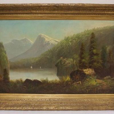 1039	LARGE OIL PAINTING ON BOARD, SCENE OF LAKE BY MOUNTAIN SIDE, APPROXIMATELY 43 IN X 29 IN OVERALL
