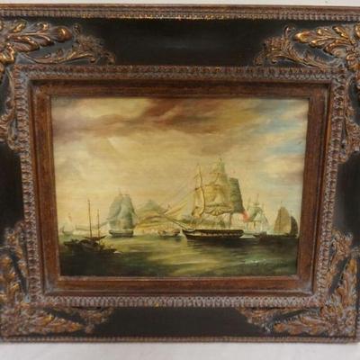 1044	OIL PAINTING ON BOARD, IMAGE OF SHIPS IN HARBOR, ARTIST SIGNED JOHN BOWER,
