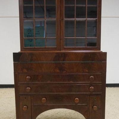 1155	ANTIQUE MAHOGANY FEDERAL PERIOD 2 PART SECRETARY DESK, HAVING A DOUBLE DOOR BOOKCASE TOP WITH INDIVIDUAL GLASS PANE ON A LOWER 5...